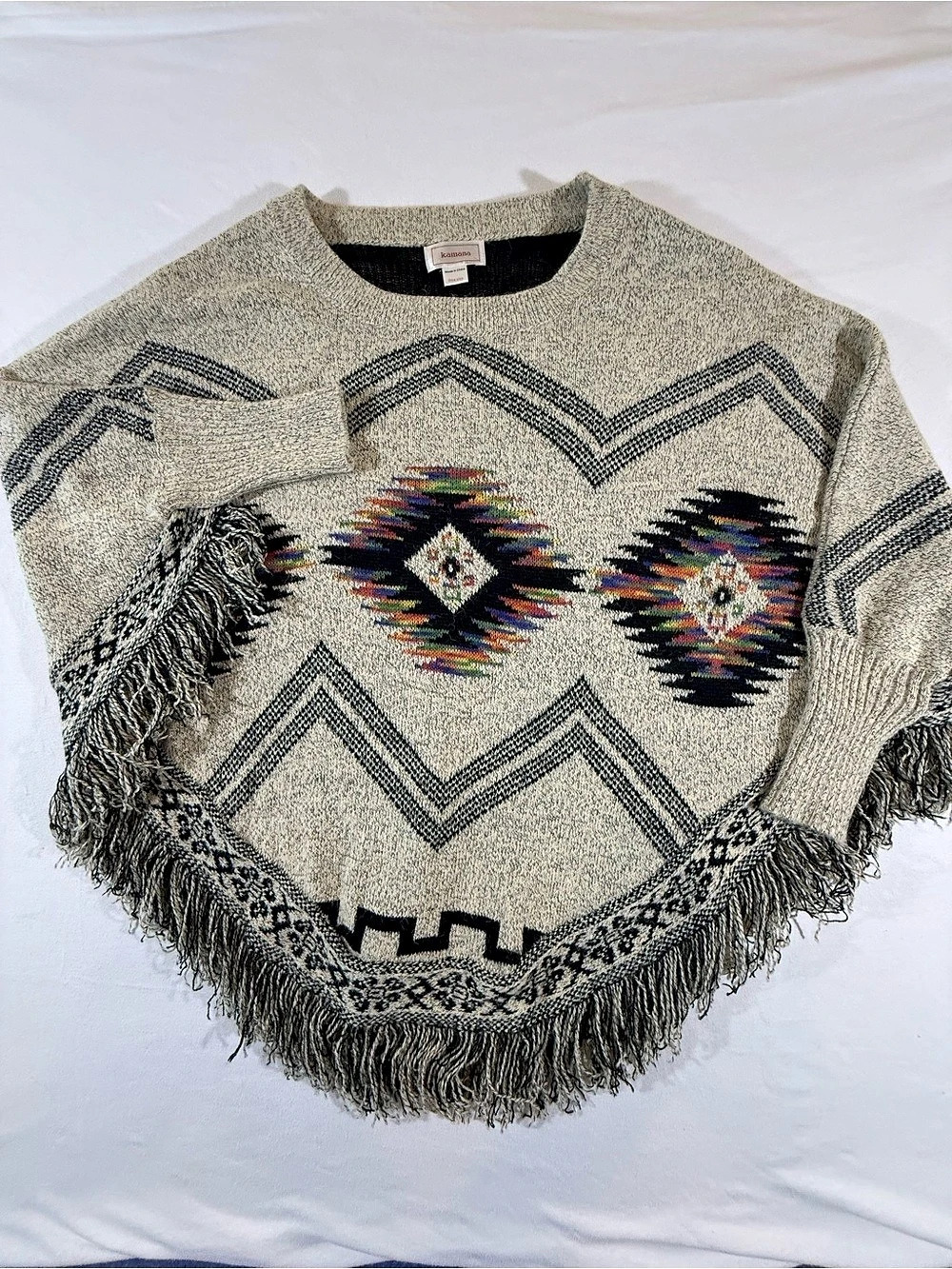 Kamana Aztec Diamond Fringed Sleeved Poncho Gray & Black One Size